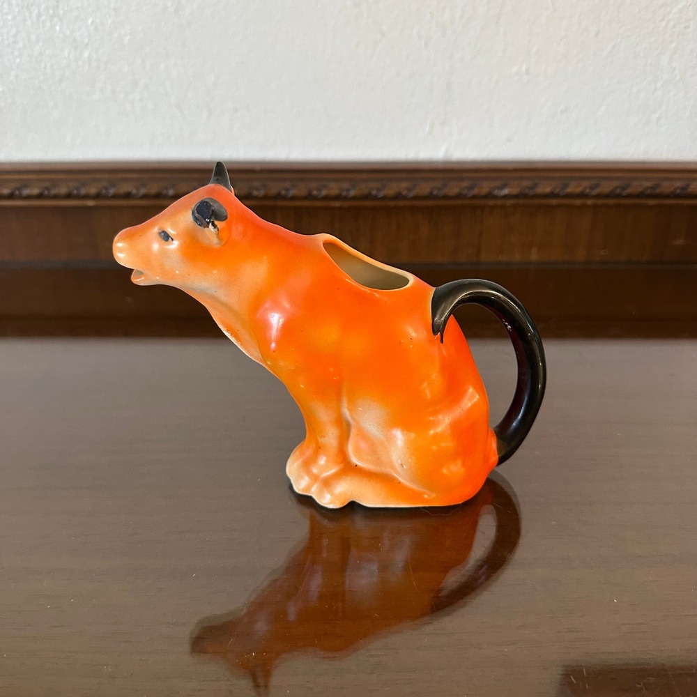 Vintage Czech-Slovakia Orange Cow Pitcher Creamer Ceramic Figural Mid Century
